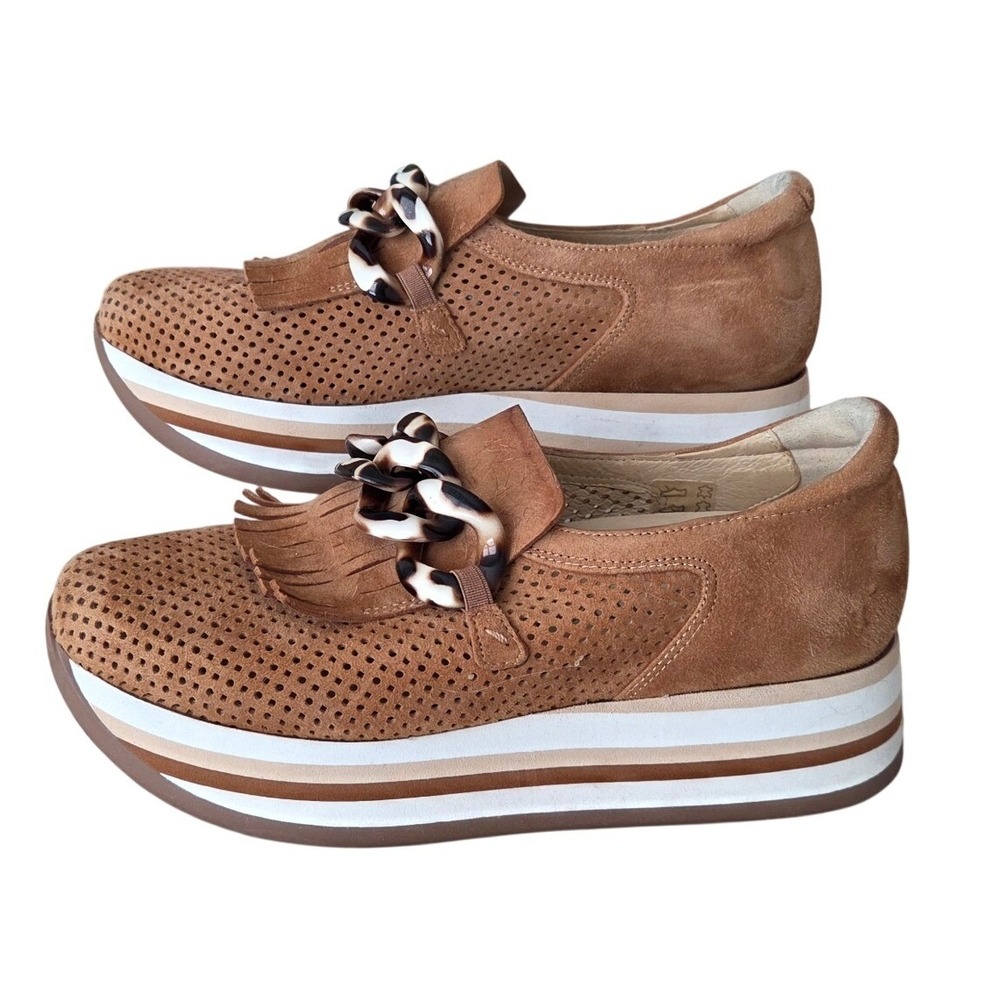 Softwaves Suede Platform Loafers Fringe Kiltie Chain Tan Brown Preppy 36.5  6.5m